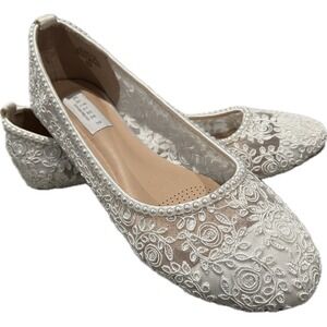 Ivory Lace Pearl Ballet Flats Women's Bridal Wedding Formal Dress Shoes 7.5